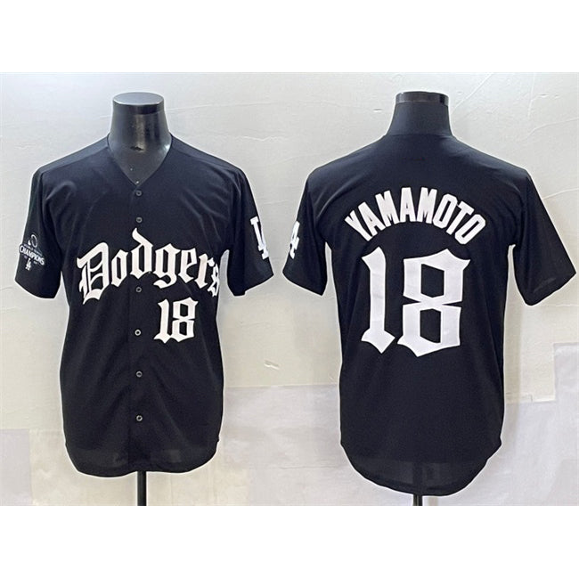 vanessashop Los Angeles Dodgers #18 Yoshinobu Yamamoto Black  2025 LA Gothic Style With 2024 World Series Champions Patch Vapor Premier Limited Stitched Jersey
