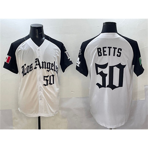 vanessashop Los Angeles Dodgers #50 Mookie Betts White Black  Mexico 2025 LA Gothic Style With Fernando Patch Vapor Premier Limited Stitched Jersey