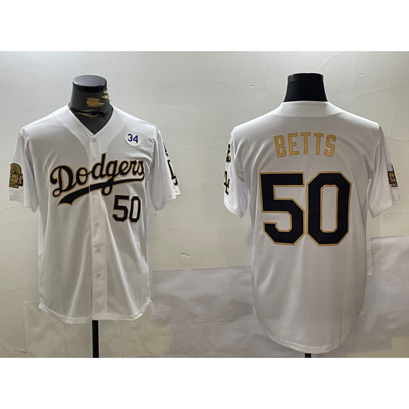 vanessashop Los Angeles Dodgers #50 Mookie Betts White Gold  2024 World Series With Fernando Memorial Patch Limited Stitched Jersey2