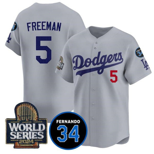 vanessashop Los Angeles Dodgers #5 Freddie Freeman Grey  2024 World Series With Fernando Memorial Patch Limited Stitched Jersey