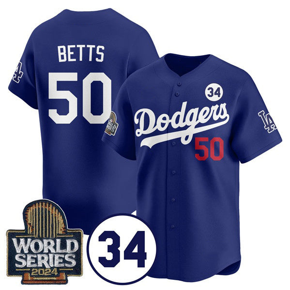 vanessashop Los Angeles Dodgers #50 Mookie Betts Royal  2024 World Series With No. 34 Patch Cool Base Stitched Jersey