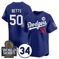 vanessashop Los Angeles Dodgers #50 Mookie Betts Royal  2024 World Series With No. 34 Patch Cool Base Stitched Jersey