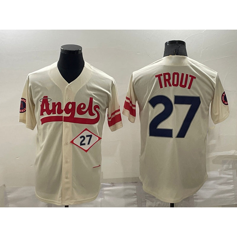vanessashop Los Angeles Angels #27 Mike Trout Number Cream  2022 City Connect Cool Base Stitched Jersey