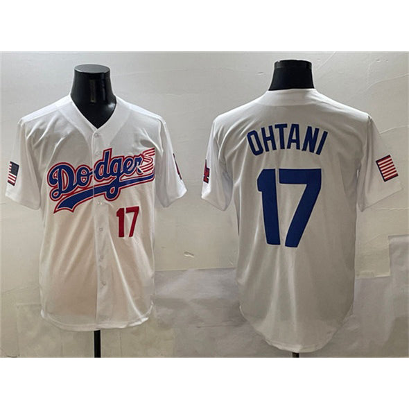 vanessashop Los Angeles Dodgers #17 Shohei Ohtani White  With American Flag Patch Limited Stitched Jersey