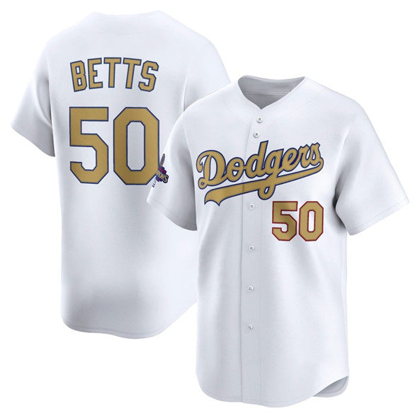 vanessashop Los Angeles Dodgers #50 Mookie Betts White  2025 Gold Collection Limited Stitched Jersey