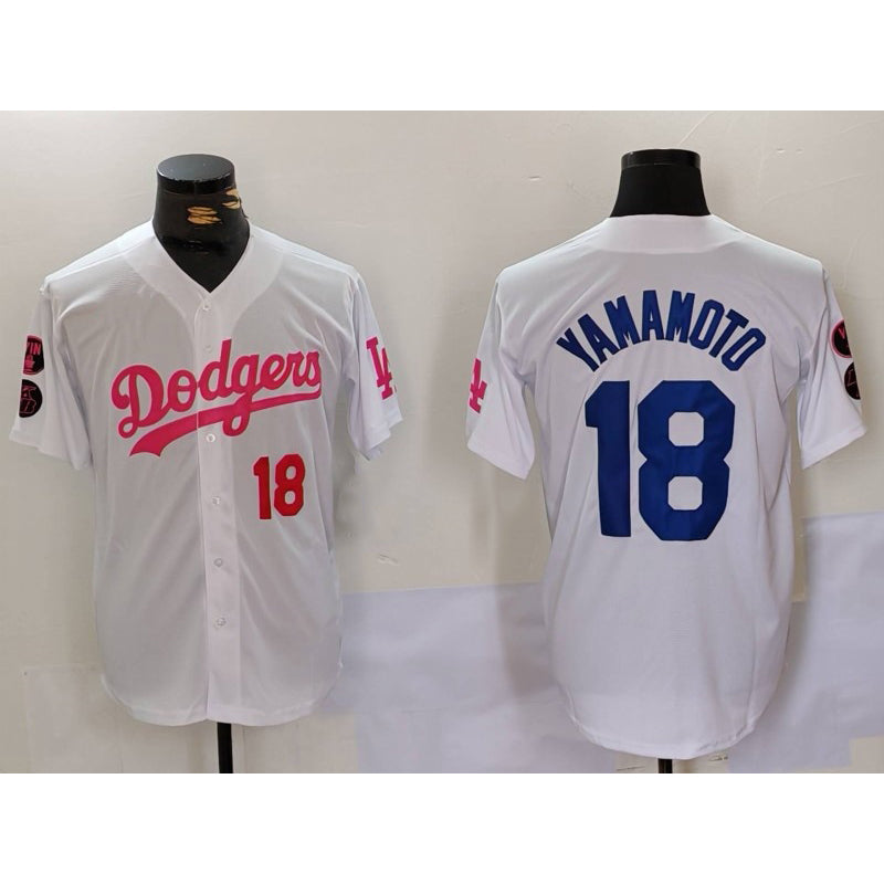vanessashop Los Angeles Dodgers #18 Yoshinobu Yamamoto White Pink  Vin & Kobe Patch Stitched Jerseys