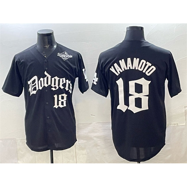 vanessashop Los Angeles Dodgers #18 Yoshinobu Yamamoto Black  2025 LA Gothic Style With 2025 World Series Patch Vapor Premier Limited Stitched Jersey