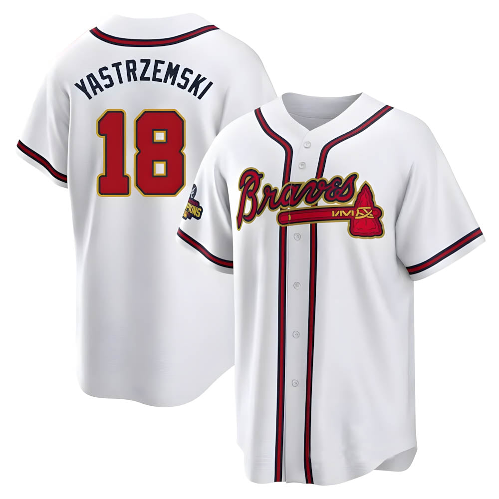 Vanessashop A.Braves #18 Mike Yastrzemski player Gold Replica White Program Stitched Jerseys