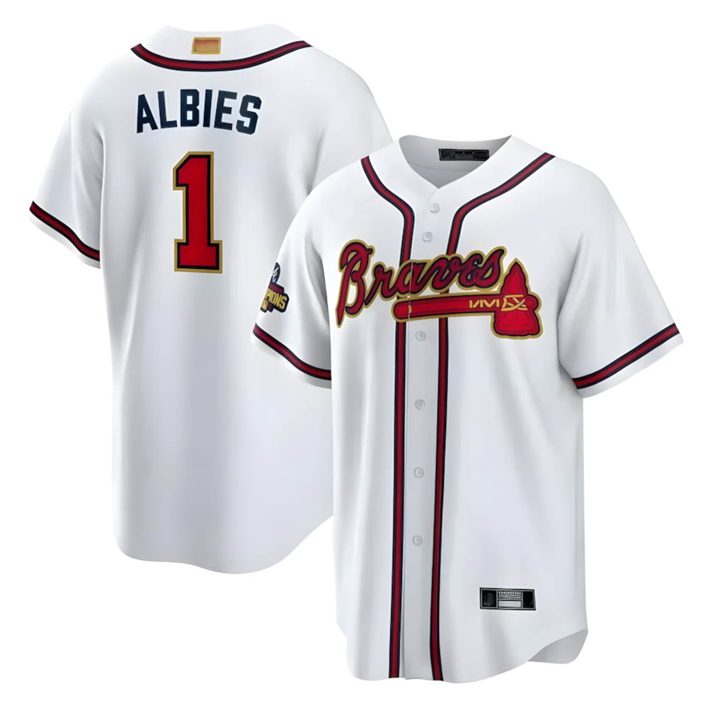 Vanessashop A.Braves #1 Ozzie Albies Player White World Series Gold Program Stitched Jerseys