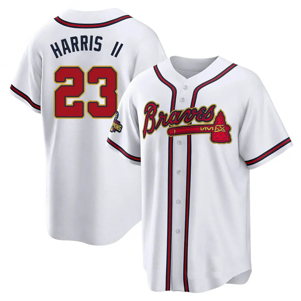 Vanessashop A.Braves #23 Michael Harris II player Gold &White Replica Program Stitched Jerseys