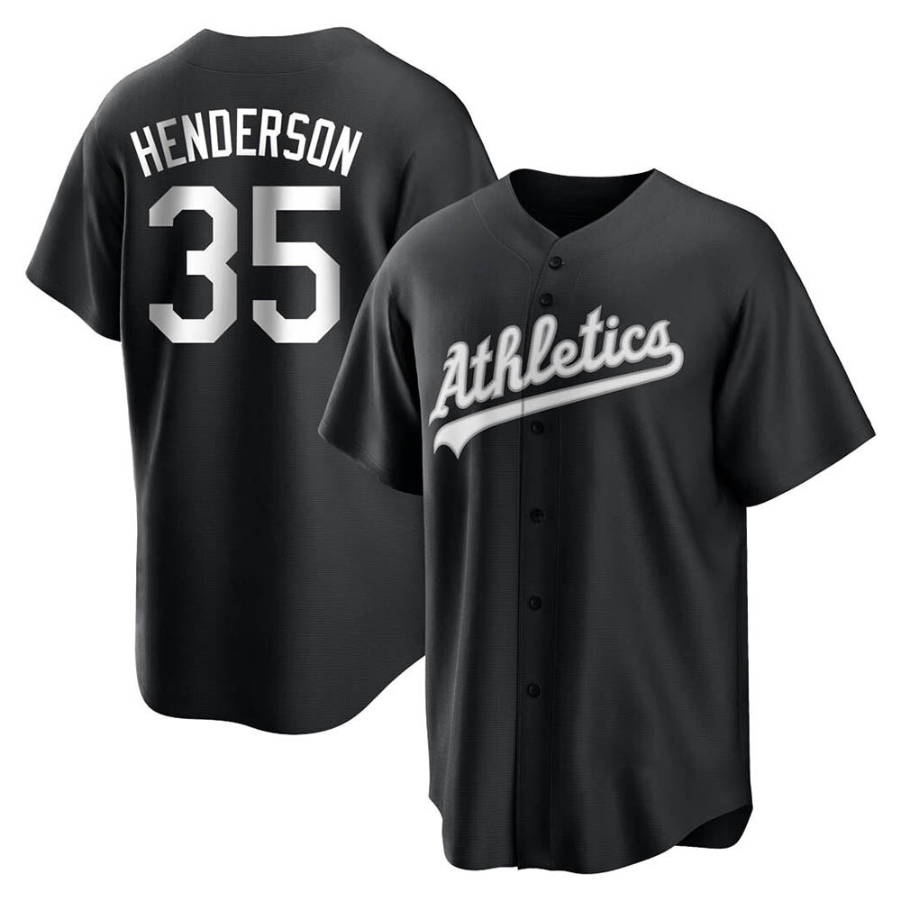 Vanessashop Athletics #35 Rickey Henderson Player Black&White Replica Stitched Jersey