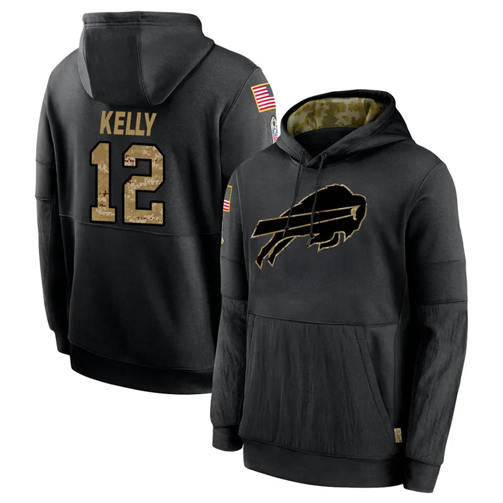 Vanessashop B.Bills #12 Jim Kelly Player Black Salute to Service Hoodies Hame Stitched Jerseys