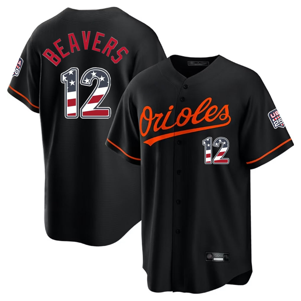 Vanessashop B.Orioles #12 Dylan Beavers Player Black USA 250 Fourth of July Home Game Stitched Jerseys