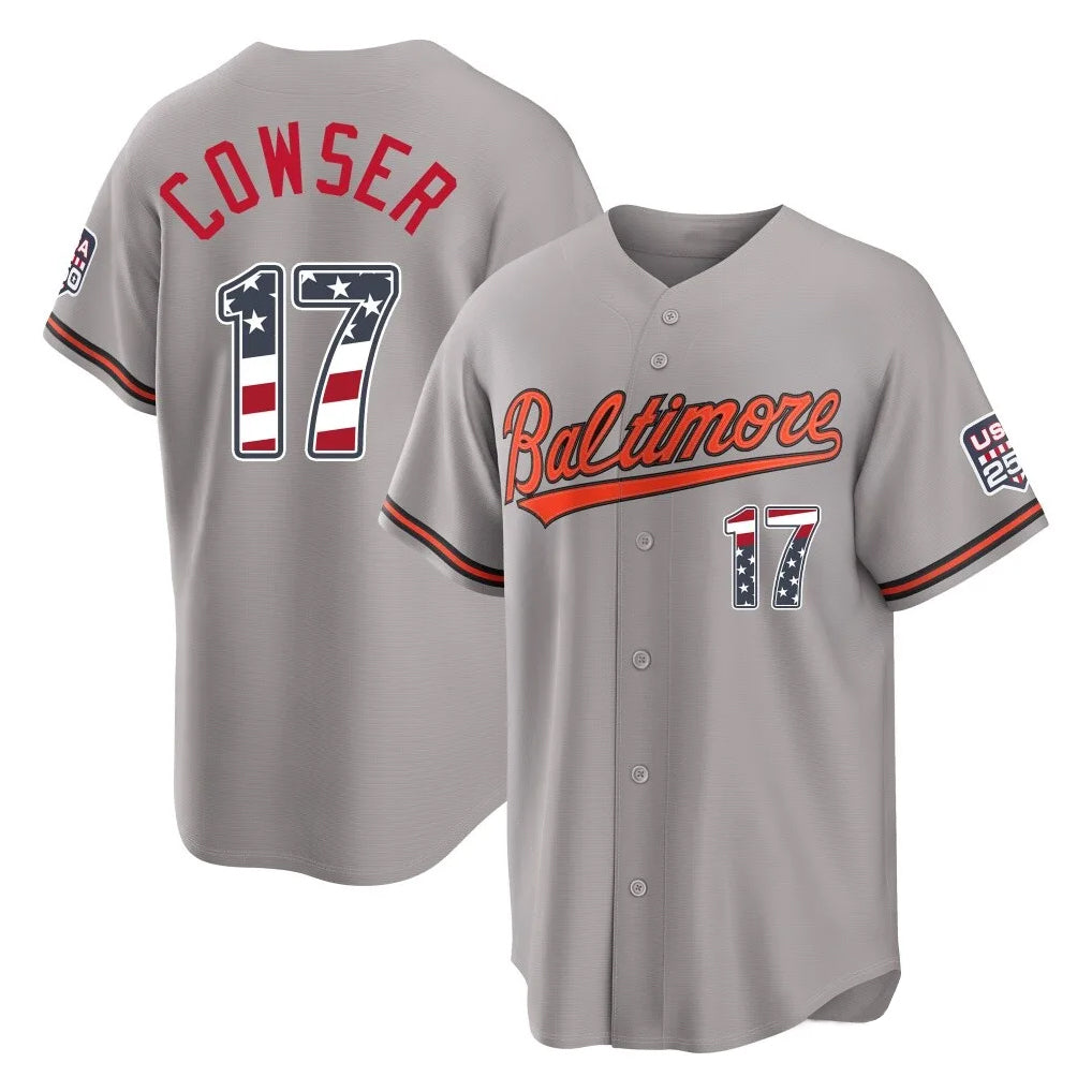 Vanessashop B.Orioles #17 Colton Cowser Player Gray USA 250 Fourth of July Home Game Stitched Jerseys