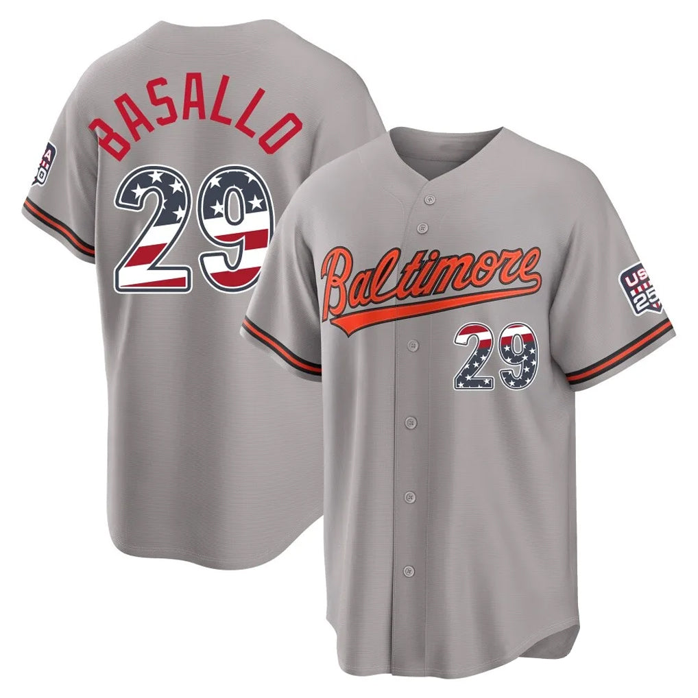Vanessashop B.Orioles #29 Samuel Basallo Player Gray USA 250 Fourth of July Home Game Stitched Jerseys