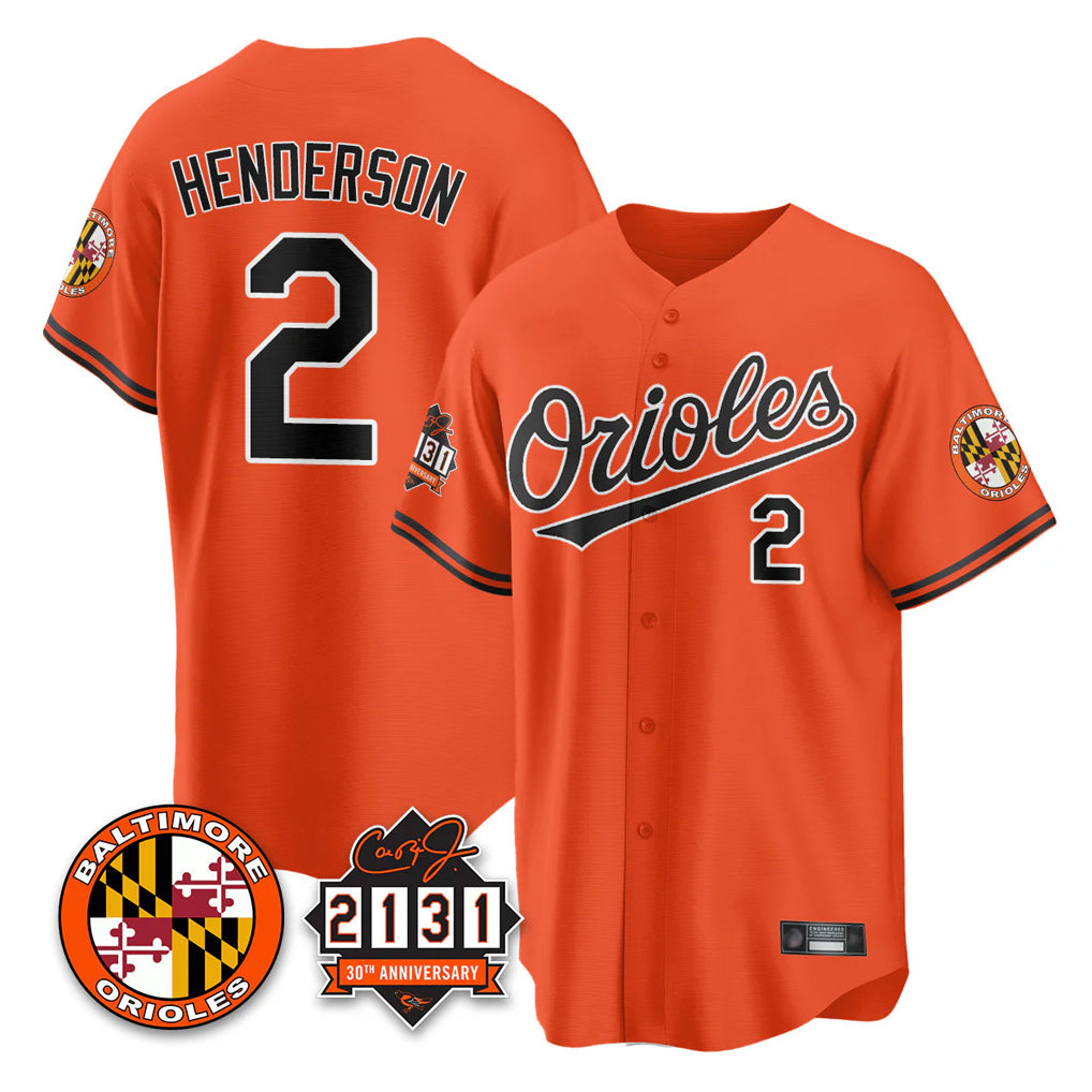 Vanessashop B.Orioles #2 Gunnar Henderson Player Orange 30th Anniversary of 2131 Home Game Stitched Jerseys