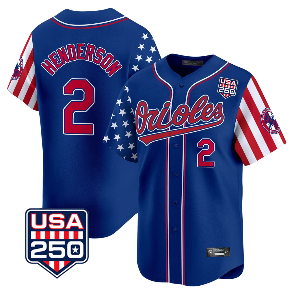 Vanessashop B.Orioles #2 Gunnar Henderson Player Royal USA 250 Independence Day Vapor Premier Limited Home Game Stitched Jerseys
