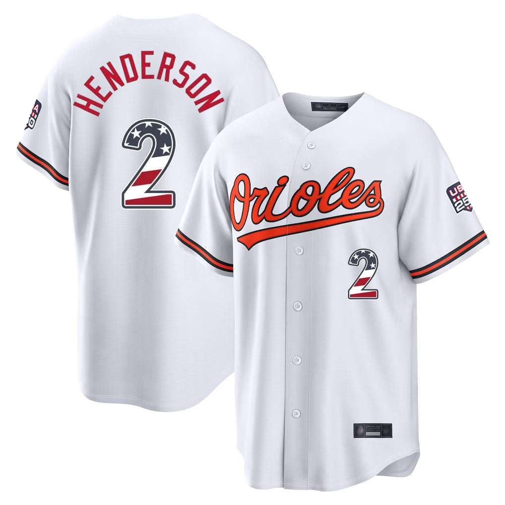 Vanessashop B.Orioles #2 Gunnar Henderson Player White USA 250 Fourth of July Home Game Stitched Jerseys