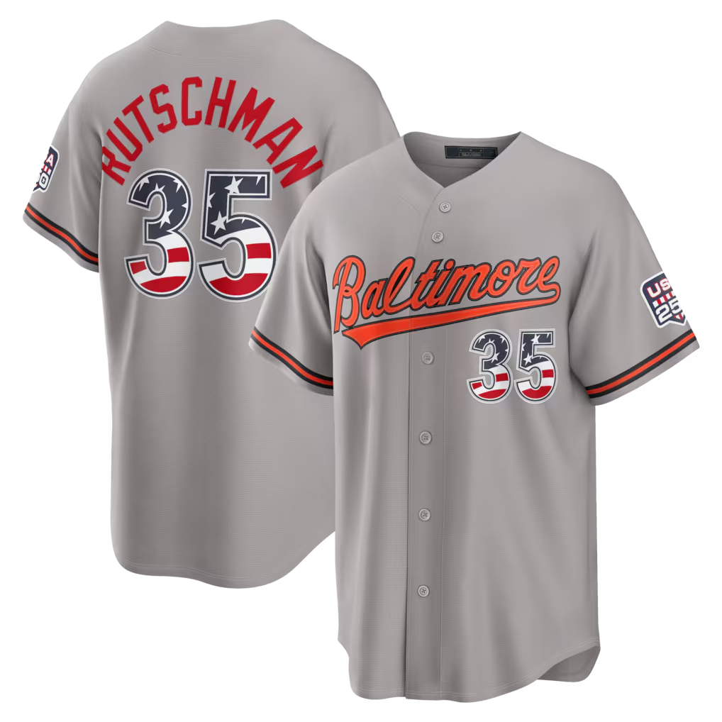 Vanessashop B.Orioles #35 Adley Rutschman Gray USA 250 Fourth of July Road Stadium Jersey