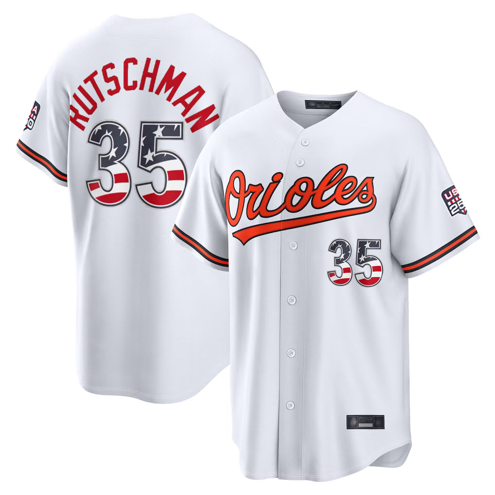 Vanessashop B.Orioles #35 Adley Rutschman White USA 250 Fourth of July Home Game Stitched Jerseys