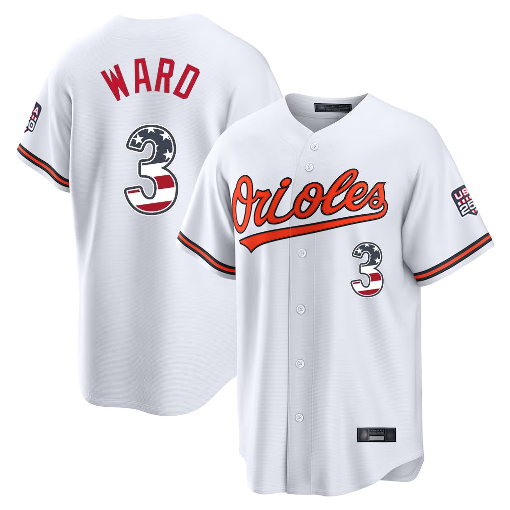 Vanessashop B.Orioles #3 Taylor Ward Player White USA 250 Fourth of July Home Game Stitched Jerseys