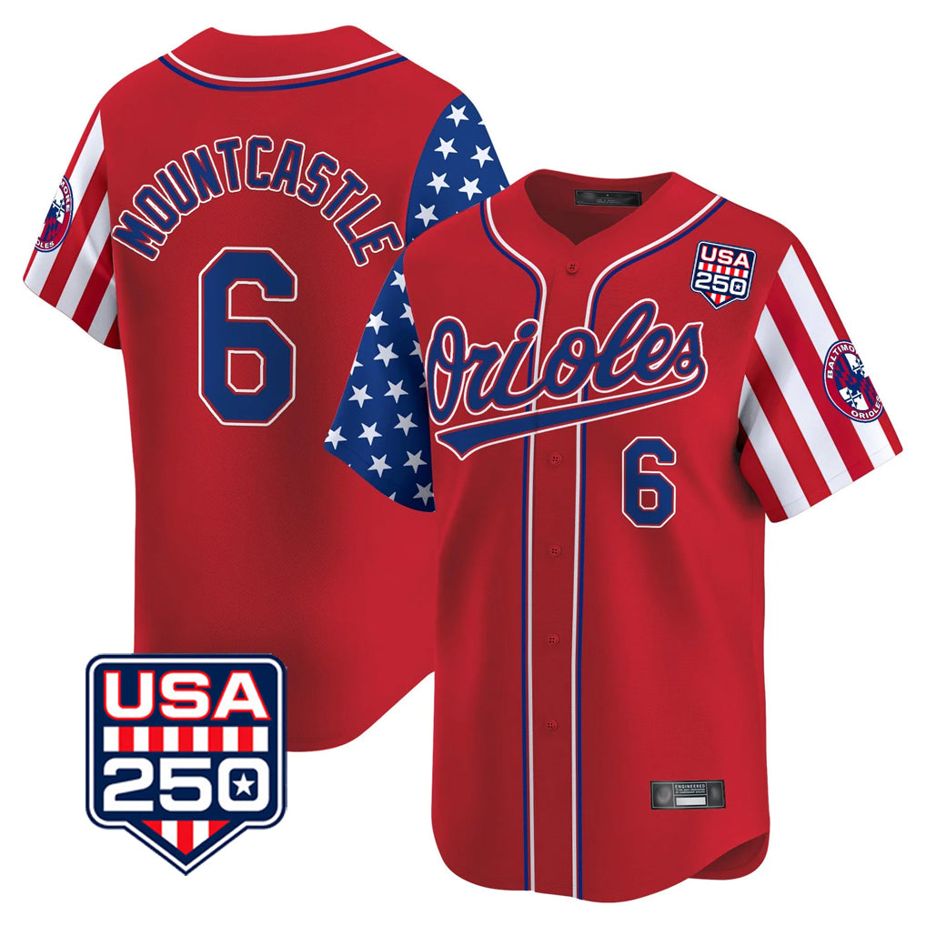 Vanessashop B.Orioles #6 Ryan Mountcastle Player Red USA 250 Independence Day Vapor Premier Limited Home Game Stitched Jerseys