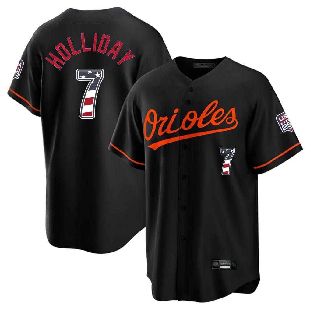 Vanessashop B.Orioles #7 Jackson Holliday Player Black USA 250 Fourth of July Home Game Stitched Jerseys