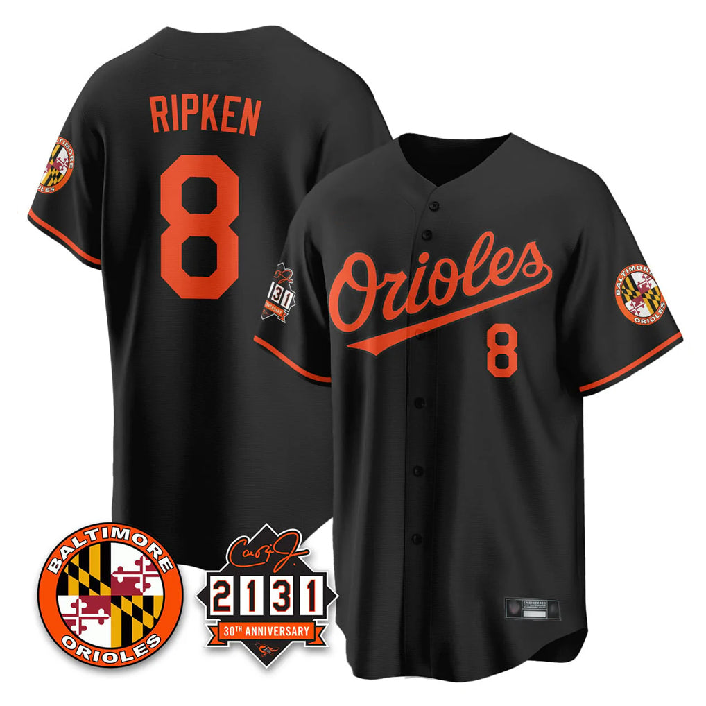Vanessashop B.Orioles #8 Cal Ripken Player Black 30th Anniversary of 2131 Home Game Stitched Jerseys