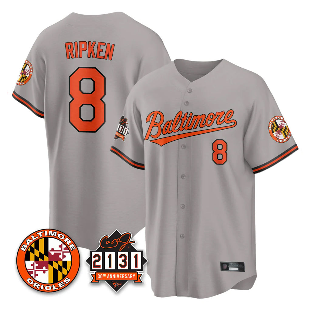 Vanessashop B.Orioles #8 Cal Ripken Player Gray 30th Anniversary of 2131 Home Game Stitched Jerseys