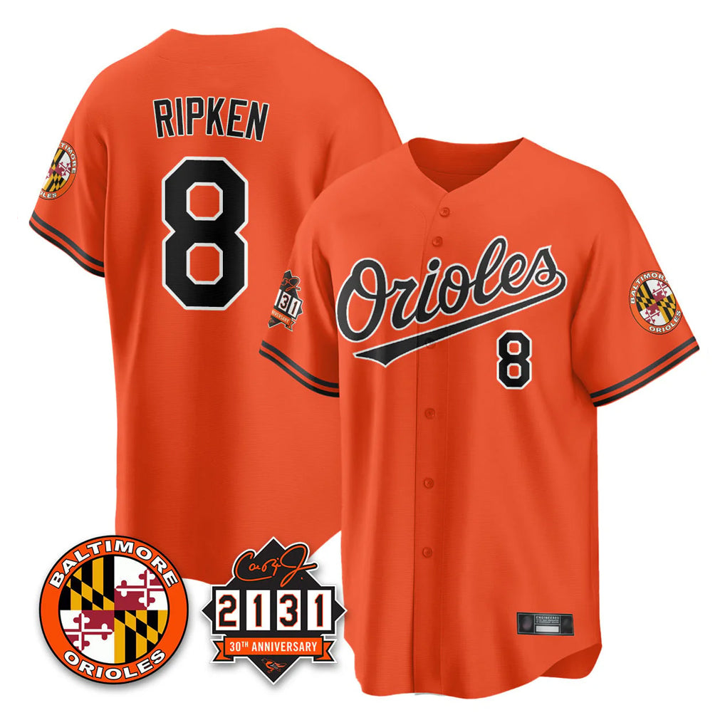 Vanessashop B.Orioles #8 Cal Ripken Player Orange 30th Anniversary of 2131 Home Game Stitched Jerseys