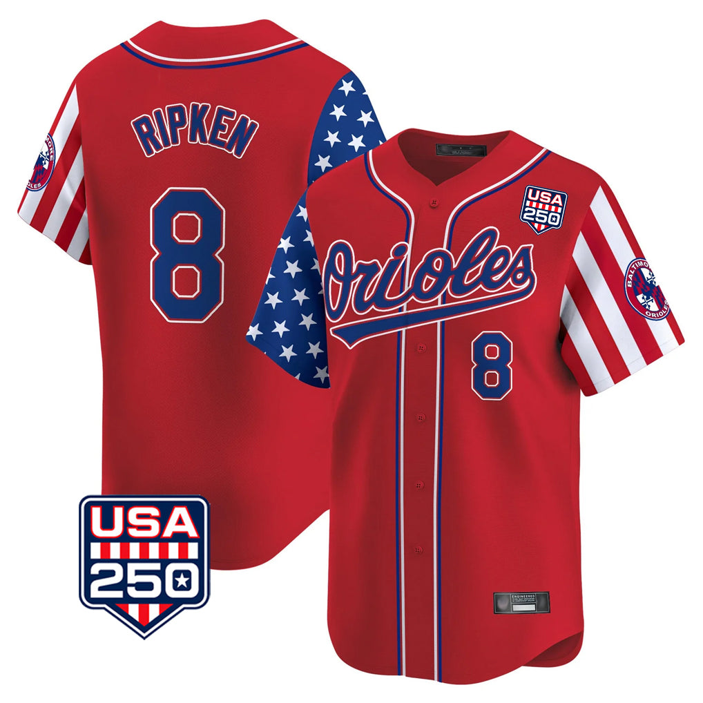 Vanessashop B.Orioles #8 Cal Ripken Player Red USA 250 Independence Day Vapor Premier Limited Home Game Stitched Jerseys