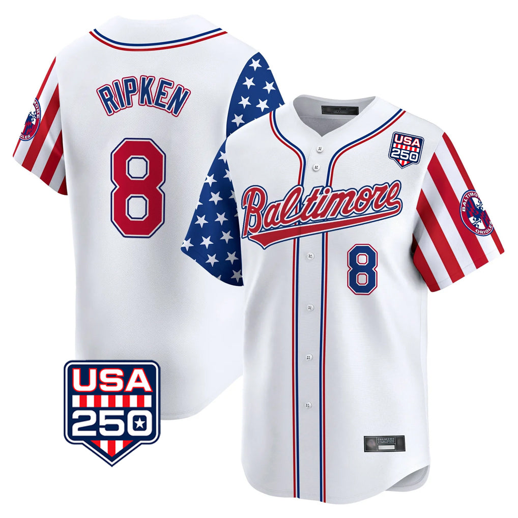 Vanessashop B.Orioles #8 Cal Ripken Player White USA 250 Independence Day Vapor Premier Limited Home Game Stitched Jerseys