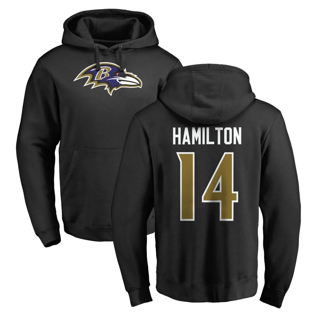 Vanessashop B.Ravens #14 Kyle Hamilton Player Black Pullover Hoodie Stitched Jerseys