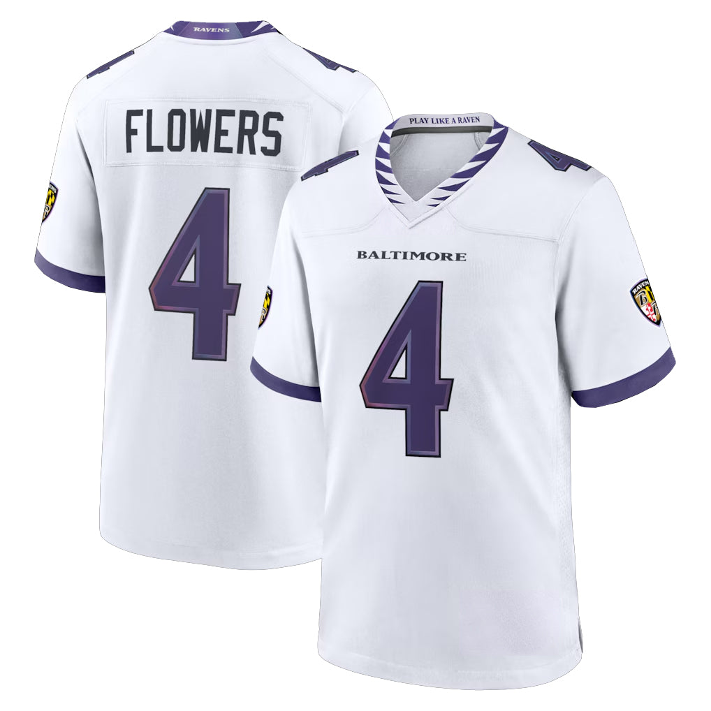 Vanessashop B.Ravens #4 Zay Flowers Player White Home Game Stitched Jerseys