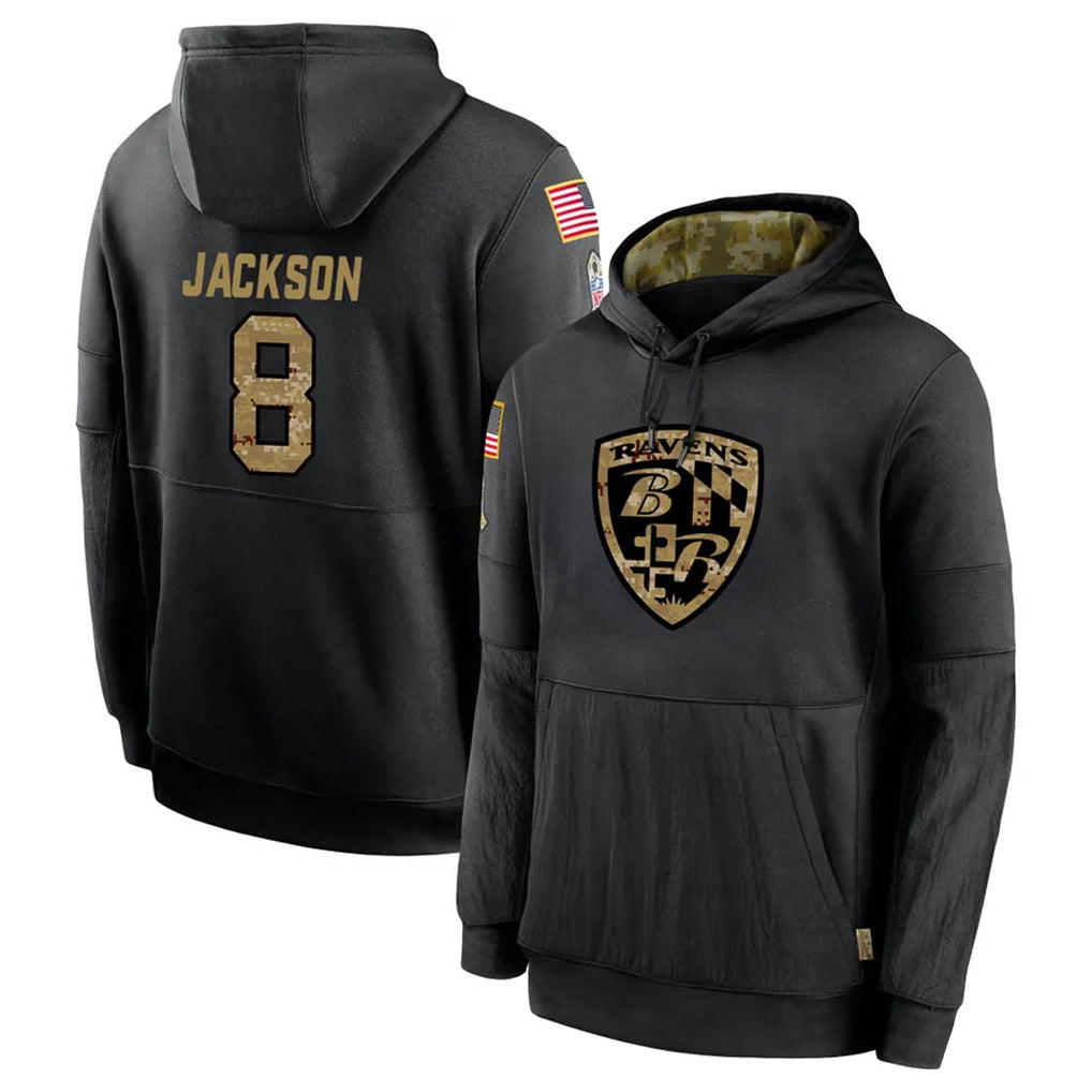 Vanessashop B.Ravens #8 Lamar Jackson Player Black Salute to Service Pullover Hoodie Stitched Jerseys