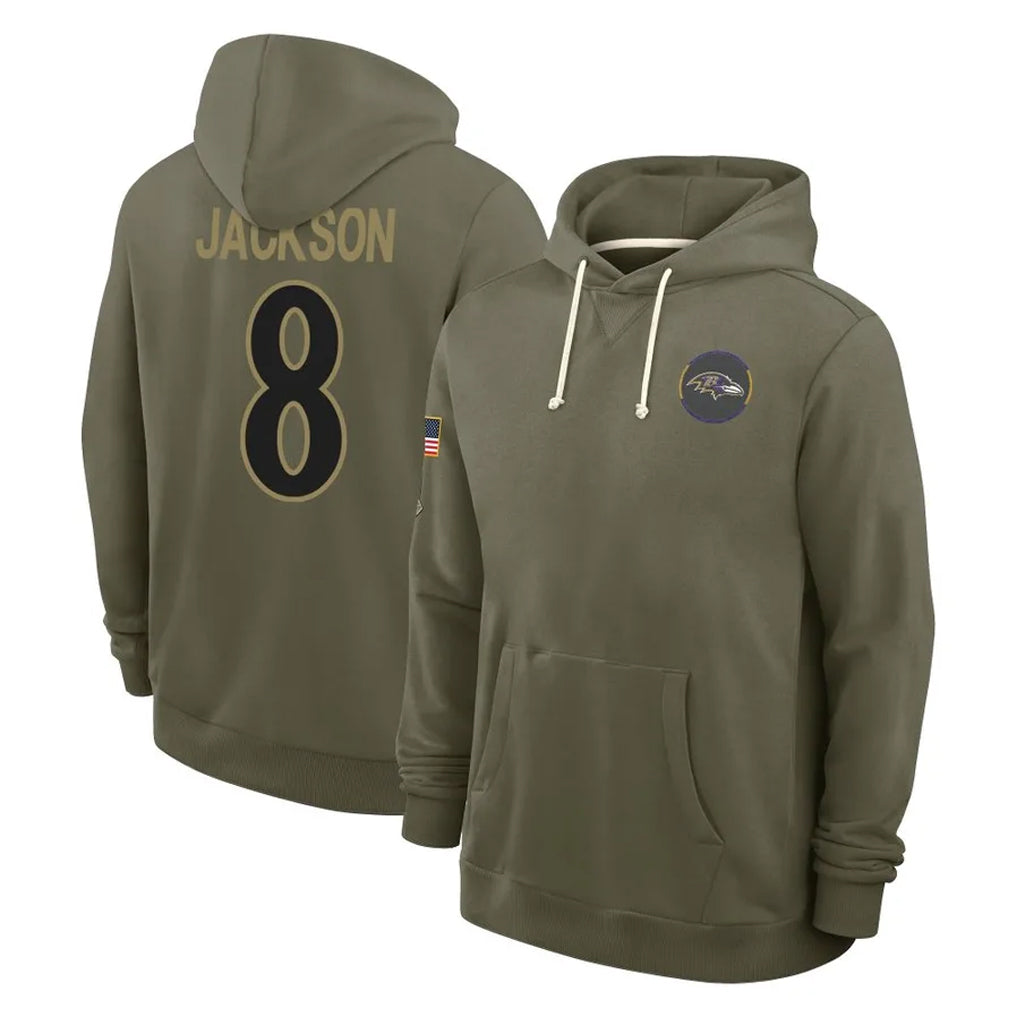 Vanessashop B.Ravens #8 Lamar Jackson Player Olive Salute to Service Hoodie Stitched Jerseys