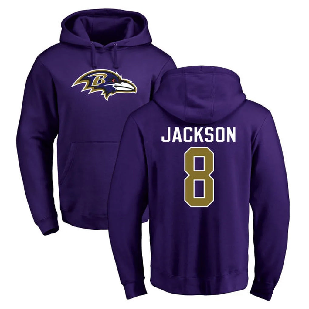 Vanessashop B.Ravens #8 Lamar Jackson Player Purple Salute to Service Pullover Hoodie Stitched Jerseys