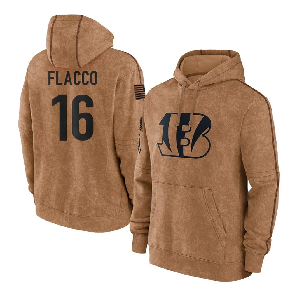 Vanessashop C.Bengals #16 Joe Flacco Player Brown Salute to Service Pullover Hoodie Limited Stitched Jerseys