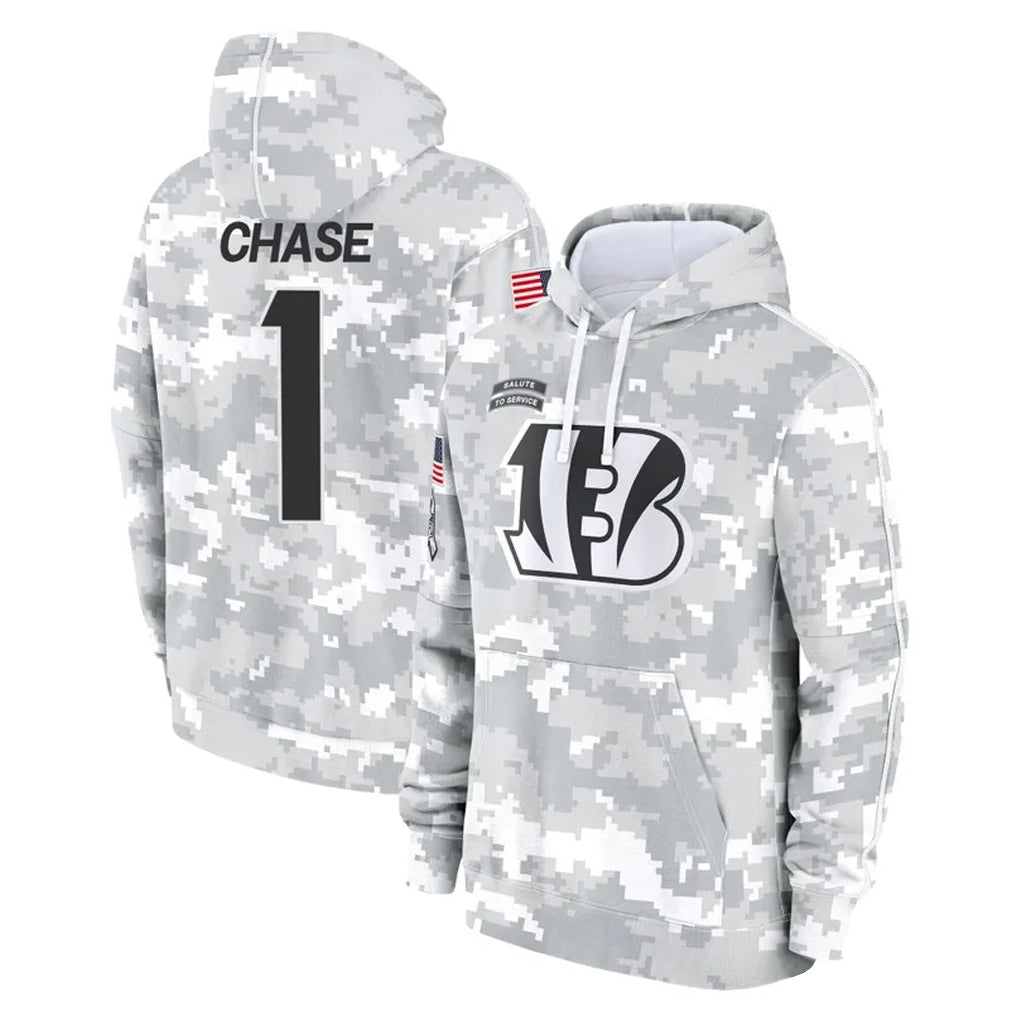 Vanessashop C.Bengals #1 Ja'Marr Chase Player Arctic Camo Salute to Service Pullover Hoodie Limited Stitched Jerseys