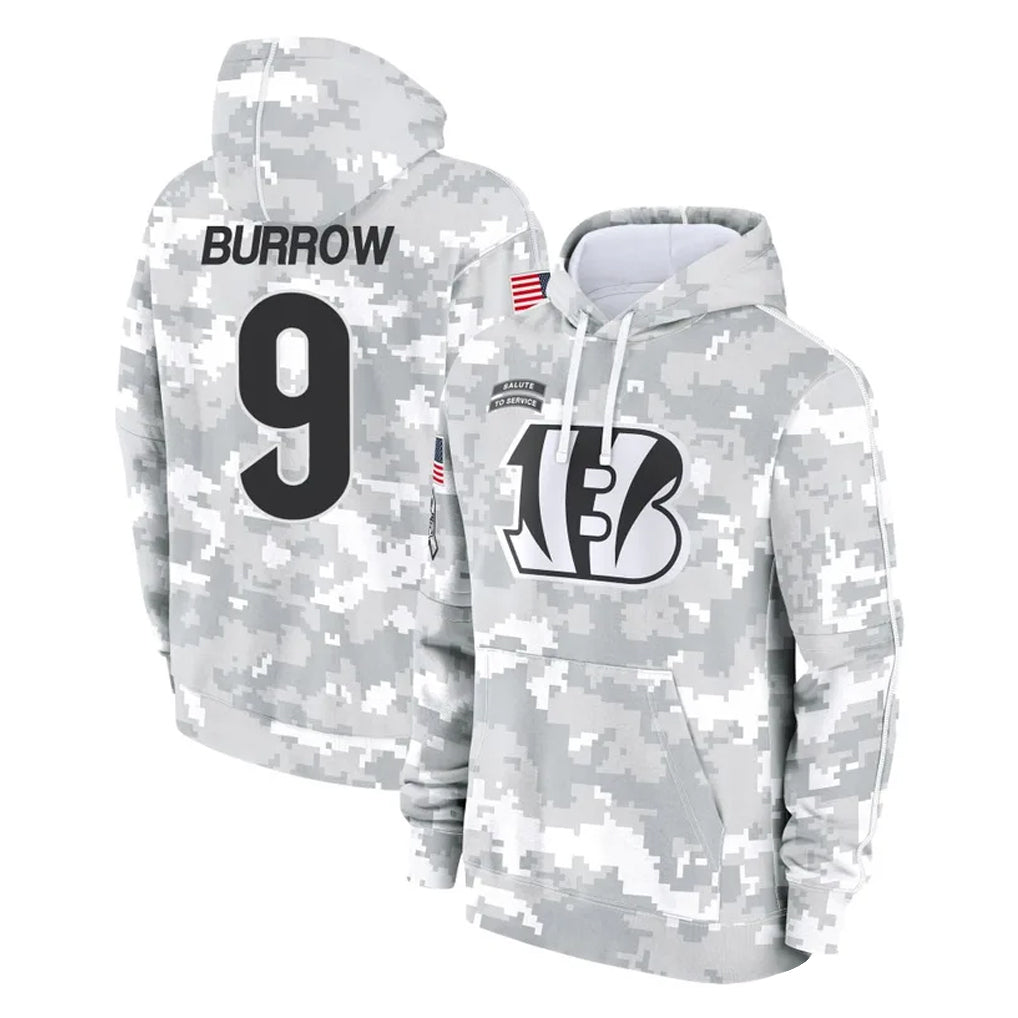 Vanessashop C.Bengals #9 Joe Burrow Player Arctic Camo Salute to Service Pullover Hoodie Limited Stitched Jerseys