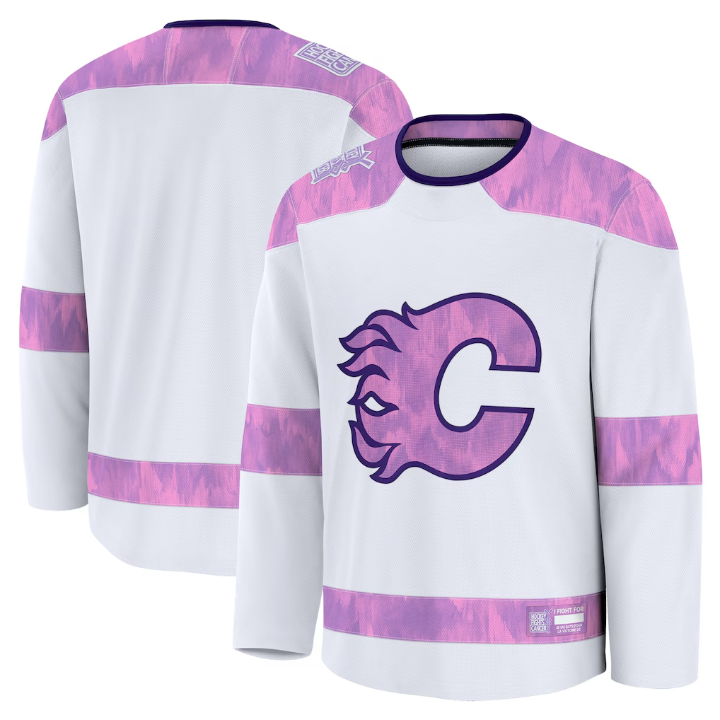Vanessashop C.Flames White 2024 Hockey Fights Cancer Practice Jerseys
