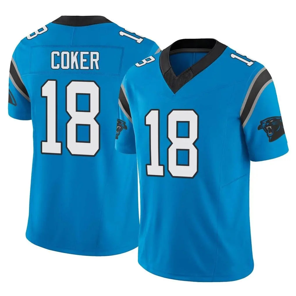 Vanessashop C.Panthers #18 Jalen Coker Player Blue Vapor F.U.S.E. Limited Home Game Stitched Jerseys