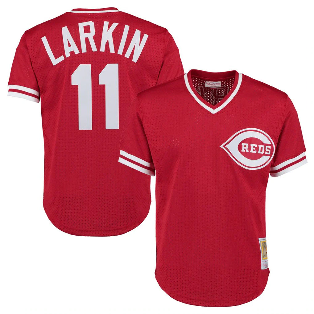 Vanessashop C.Reds #11 Barry Larkin Player Mitchell & Ness Red Throwback Cooperstown Mesh T-shirt Game Stitched Jerseys