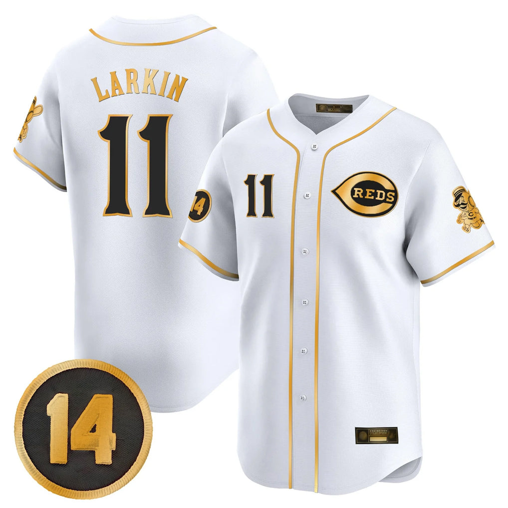 Vanessashop C.Reds #11 Barry Larkin Player White-Gold Vapor Premier Limited Home Stitched Jerseys