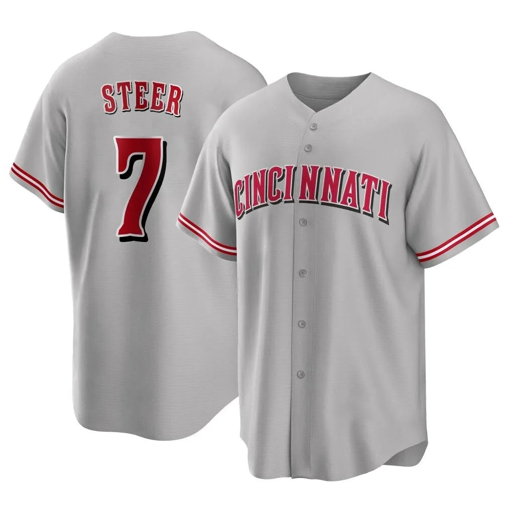Vanessashop C.Reds #7 Spencer Steer Player Gray Home Game Stitched Jerseys