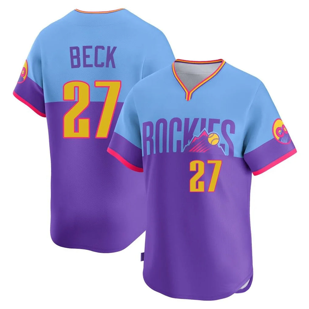 Vanessashop C.Rockies #27 Jordan Beck Player Purple-Light Blue City Connect Limited Home T-shirt Stitched Jerseys