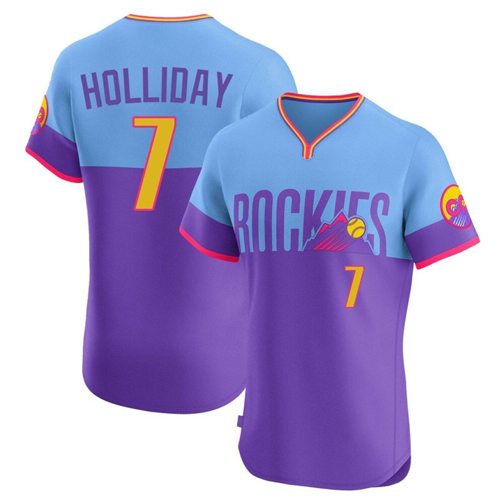 Vanessashop C.Rockies #7 Matt Holliday Player Purple-Light Blue City Connect Limited Elite Home T-shirt Stitched Jerseys