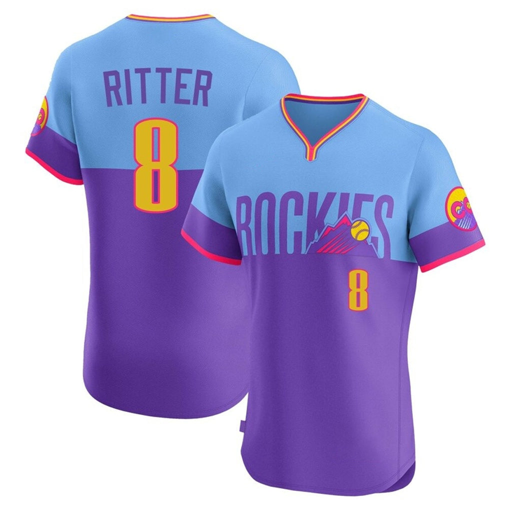 Vanessashop C.Rockies #8 Ryan Ritter Player Purple-Light Blue City Connect Limited Elite Home T-shirt Stitched Jerseys