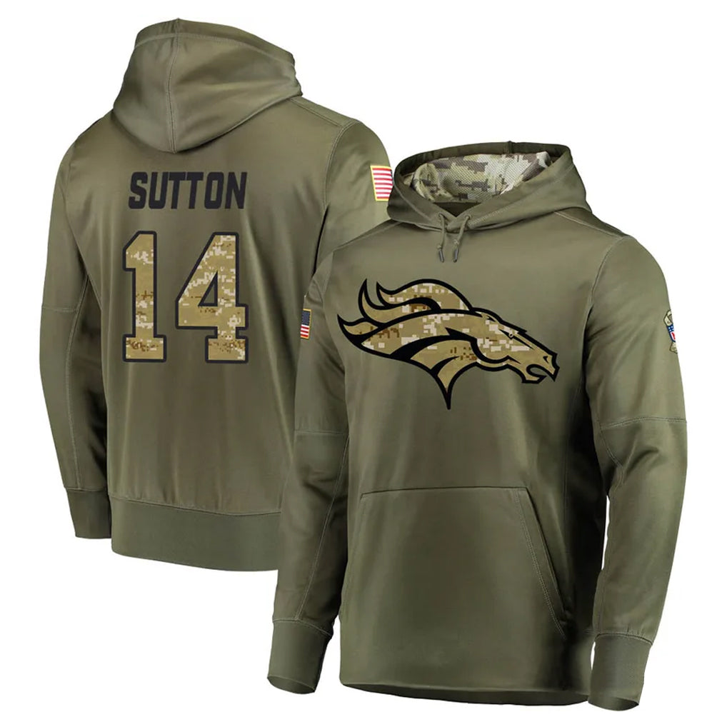 Vanessashop D.Broncos #14 Courtland Sutton Player Olive Salute to Service Pullover Hoodies Home Game Stitched Jerseys