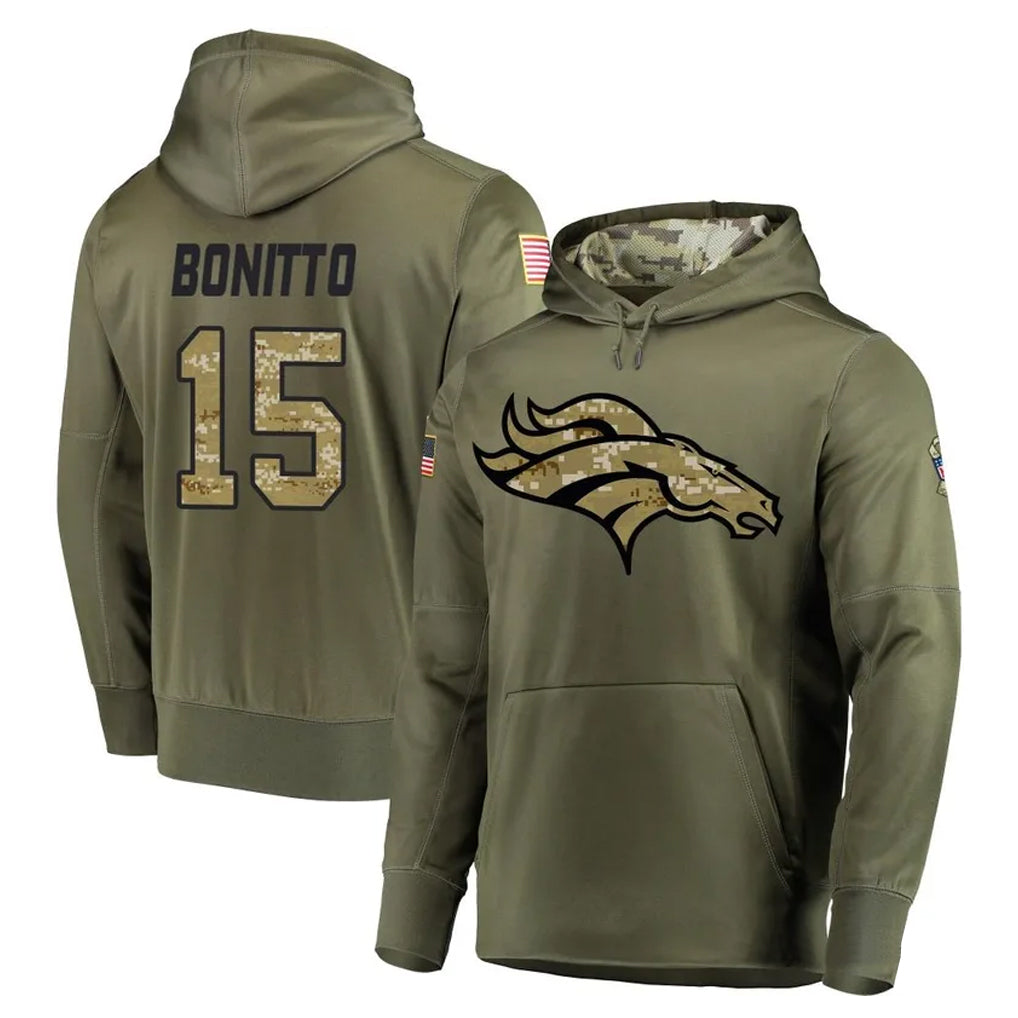Vanessashop D.Broncos #15 Nik Bonitto Player Olive Salute to Service Pullover Hoodies Home Game Stitched Jerseys